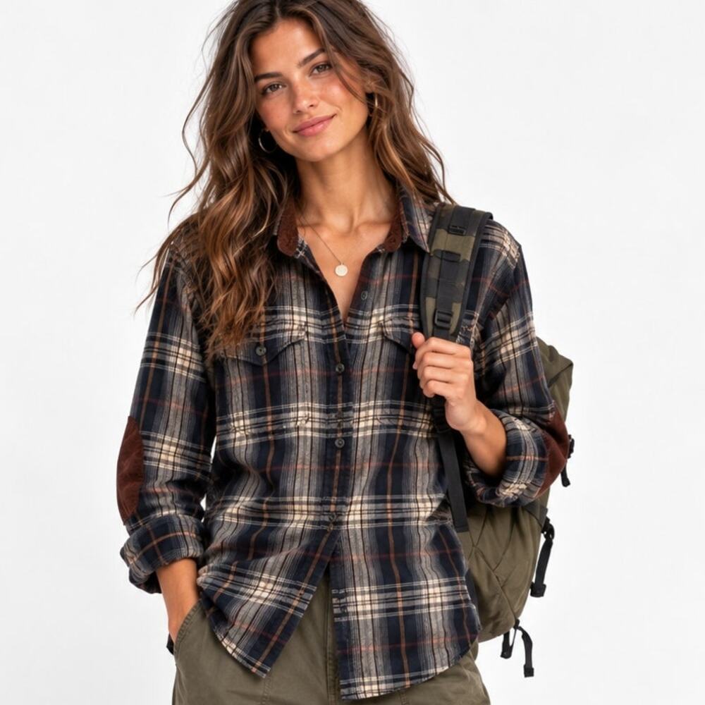 Kavu Plaid Shirt Womens Small Navy Brown Corduroy Trim Elbow Patches Gorp Top